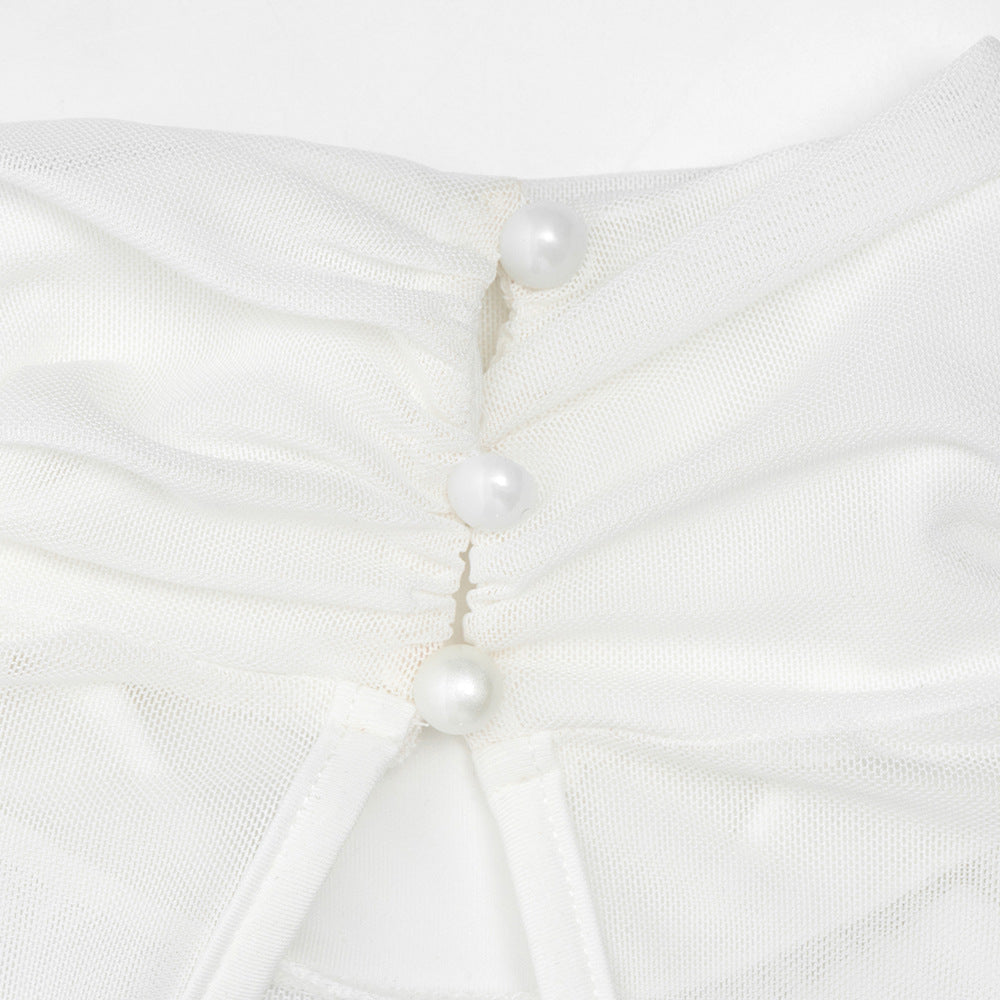 High neck button long sleeve mesh ruched mini dress  | Festival Outfits Women