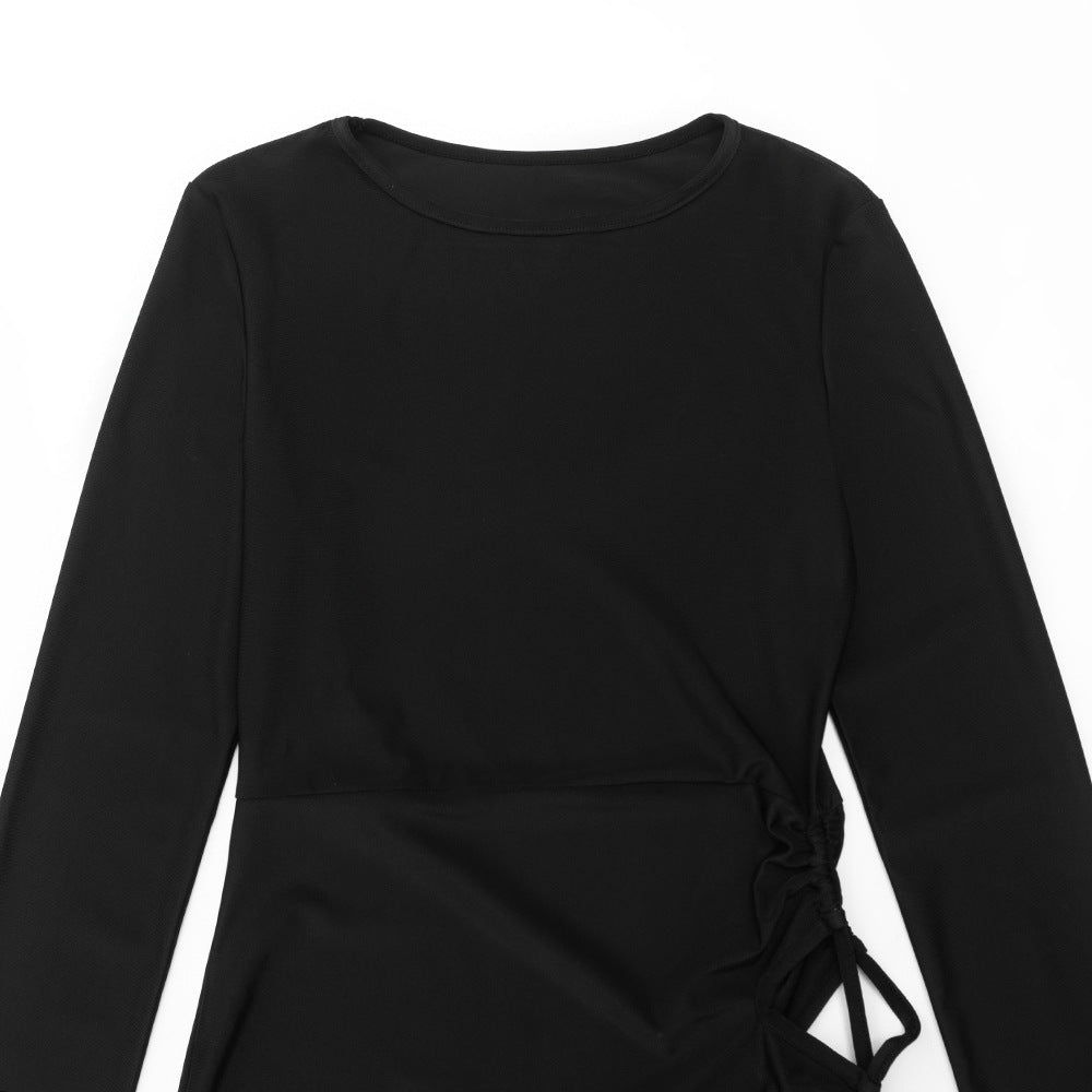 Long sleeve hollow out self tie crewneck mini dress  | Festival Outfits Women