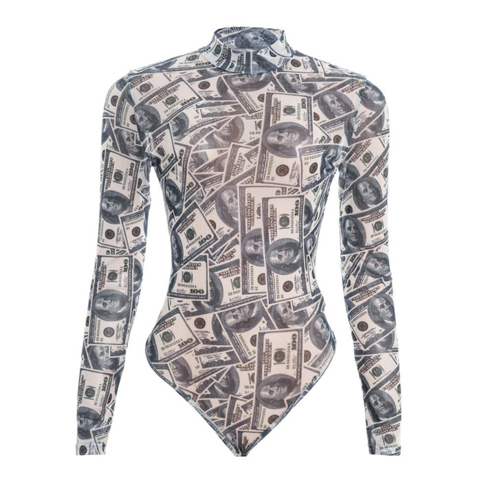 Sheer mesh US dollar print long sleeve bodysuit  | Festival Outfits Women