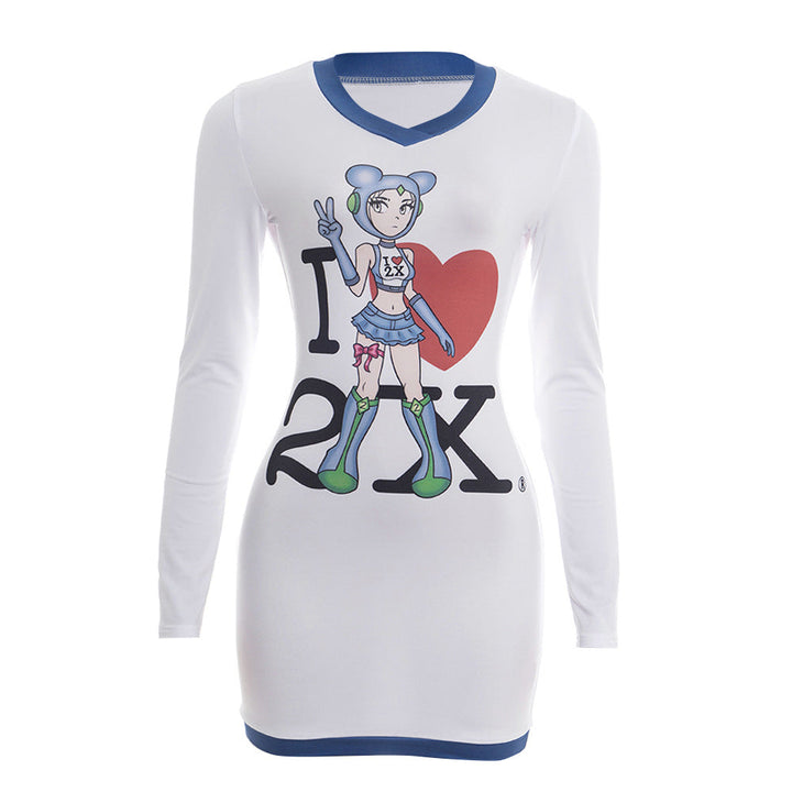 Long sleeve characters print contrast mini dress  | Festival Outfits Women