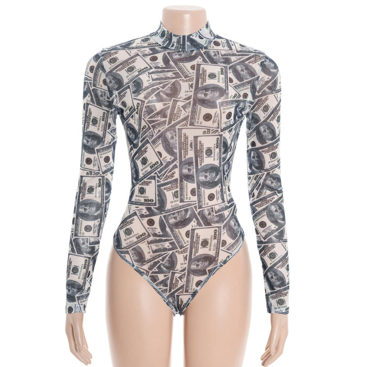 Sheer mesh US dollar print long sleeve bodysuit  | Festival Outfits Women