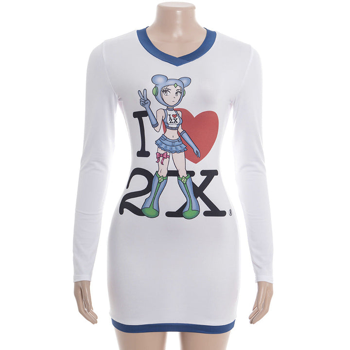 Long sleeve characters print contrast mini dress  | Festival Outfits Women