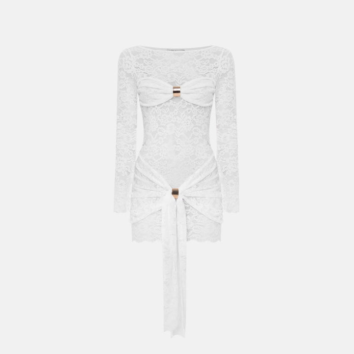 Long sleeve lace crewneck ruched mini dress  | Festival Outfits Women