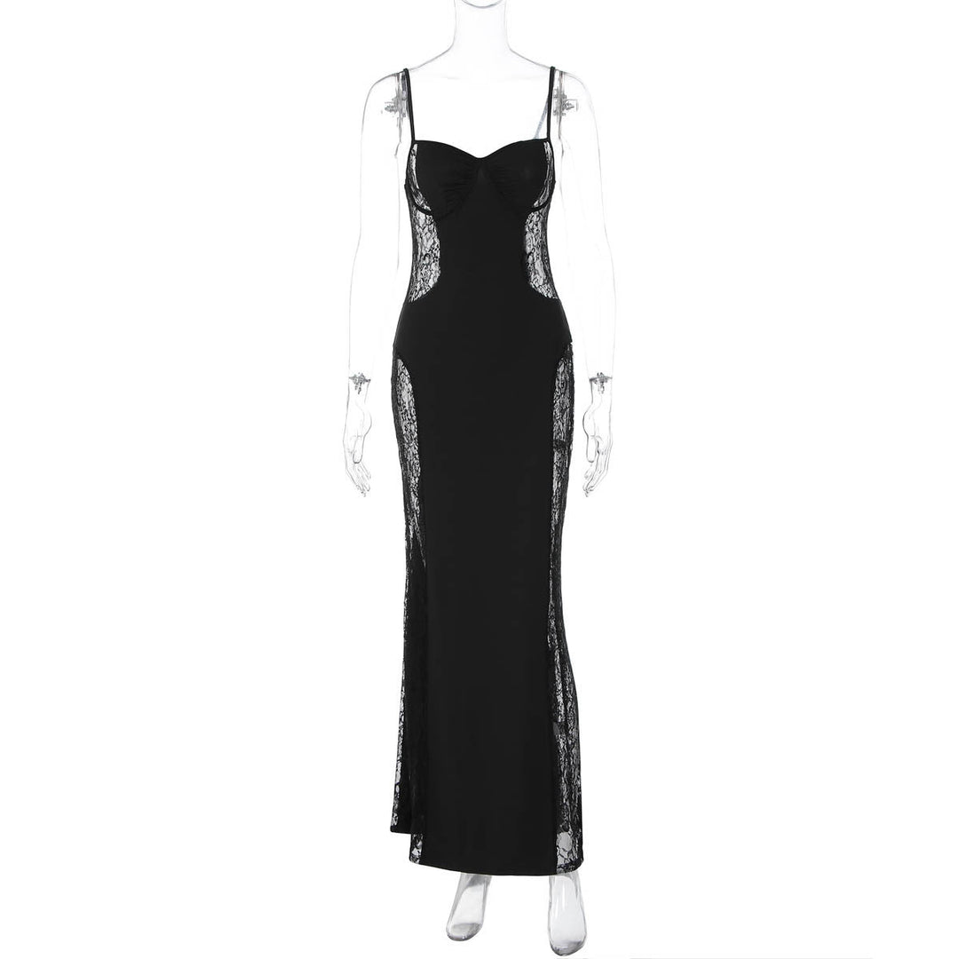 Lace v neck backless solid cami maxi dress  | Festival Outfits Women