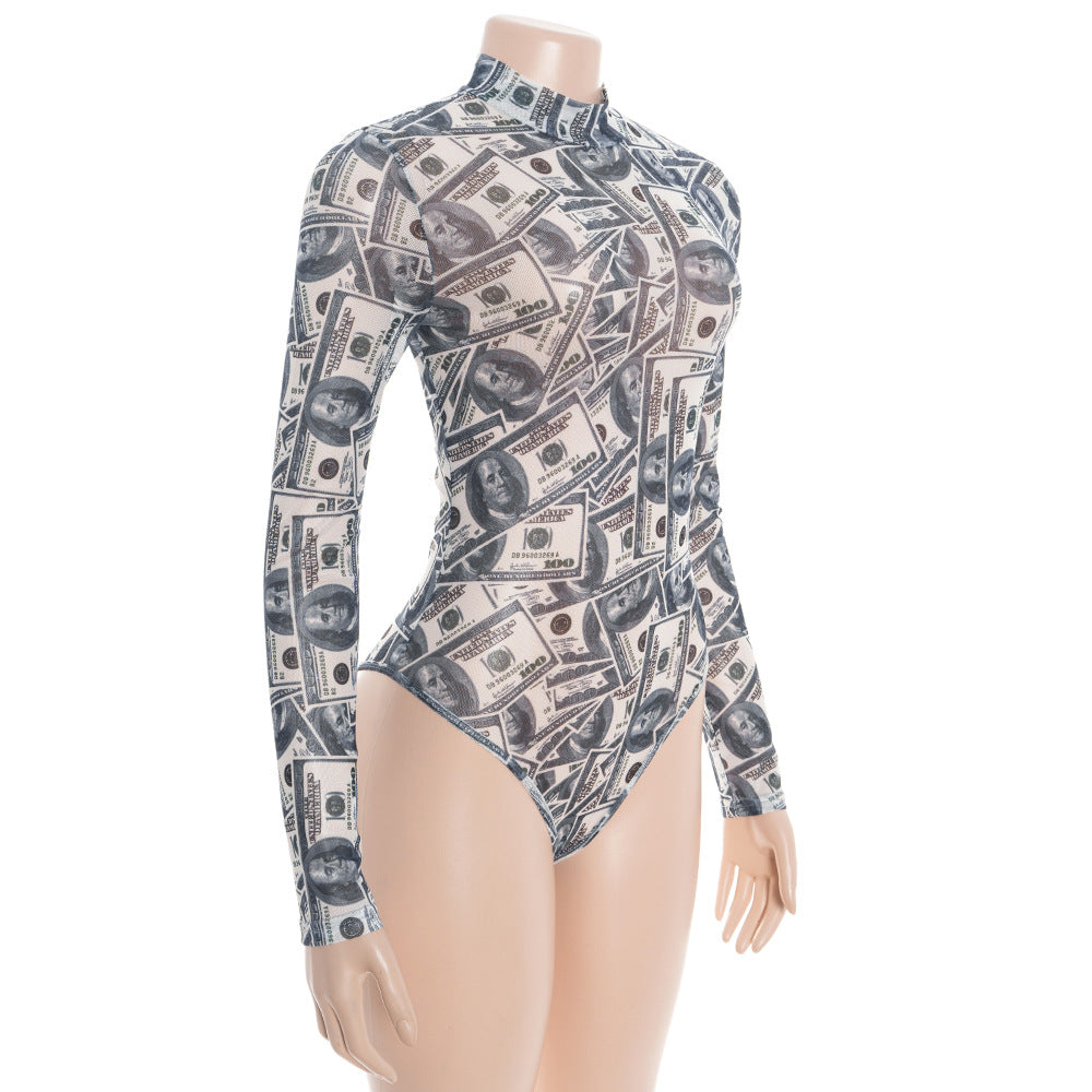 Sheer mesh US dollar print long sleeve bodysuit  | Festival Outfits Women