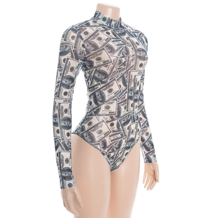 Sheer mesh US dollar print long sleeve bodysuit  | Festival Outfits Women