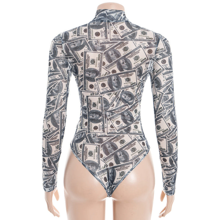 Sheer mesh US dollar print long sleeve bodysuit  | Festival Outfits Women