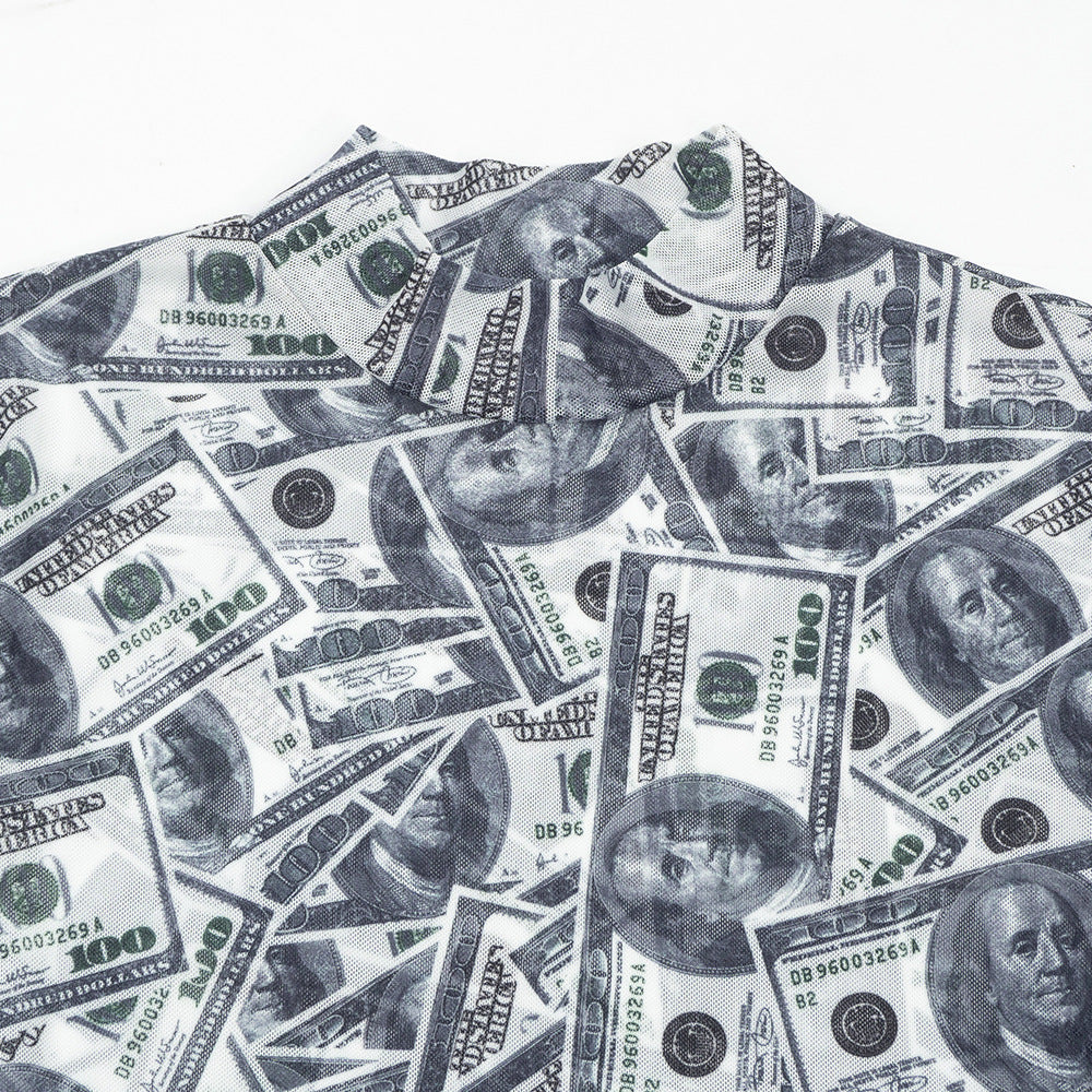 Sheer mesh US dollar print long sleeve bodysuit  | Festival Outfits Women