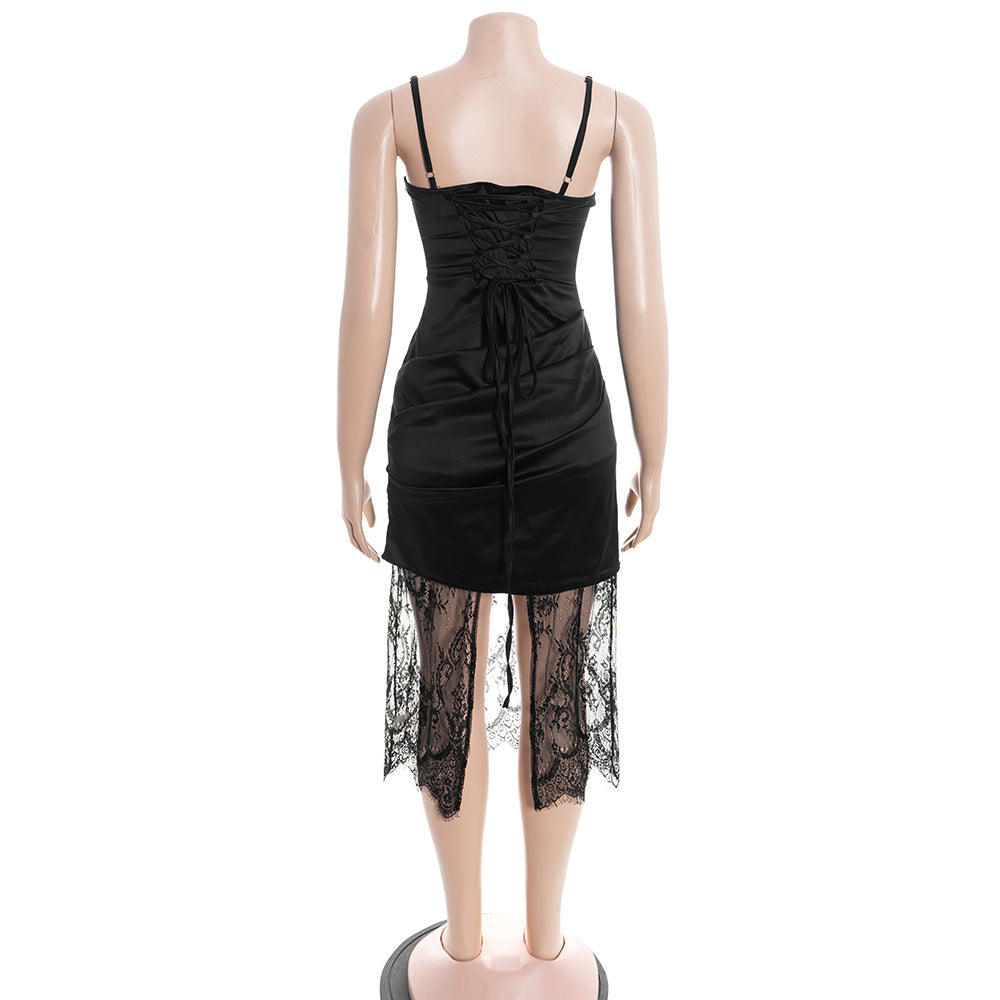 Lace hem pleated zip-up lace up satin midi dress  | Festival Outfits Women