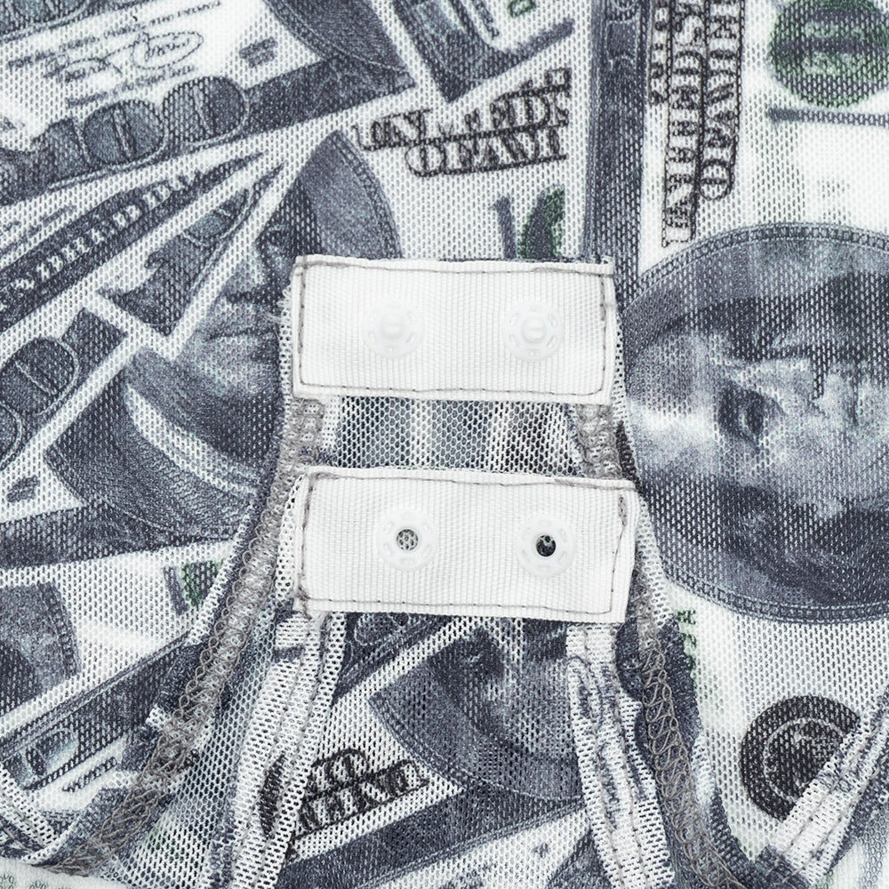 Sheer mesh US dollar print long sleeve bodysuit  | Festival Outfits Women