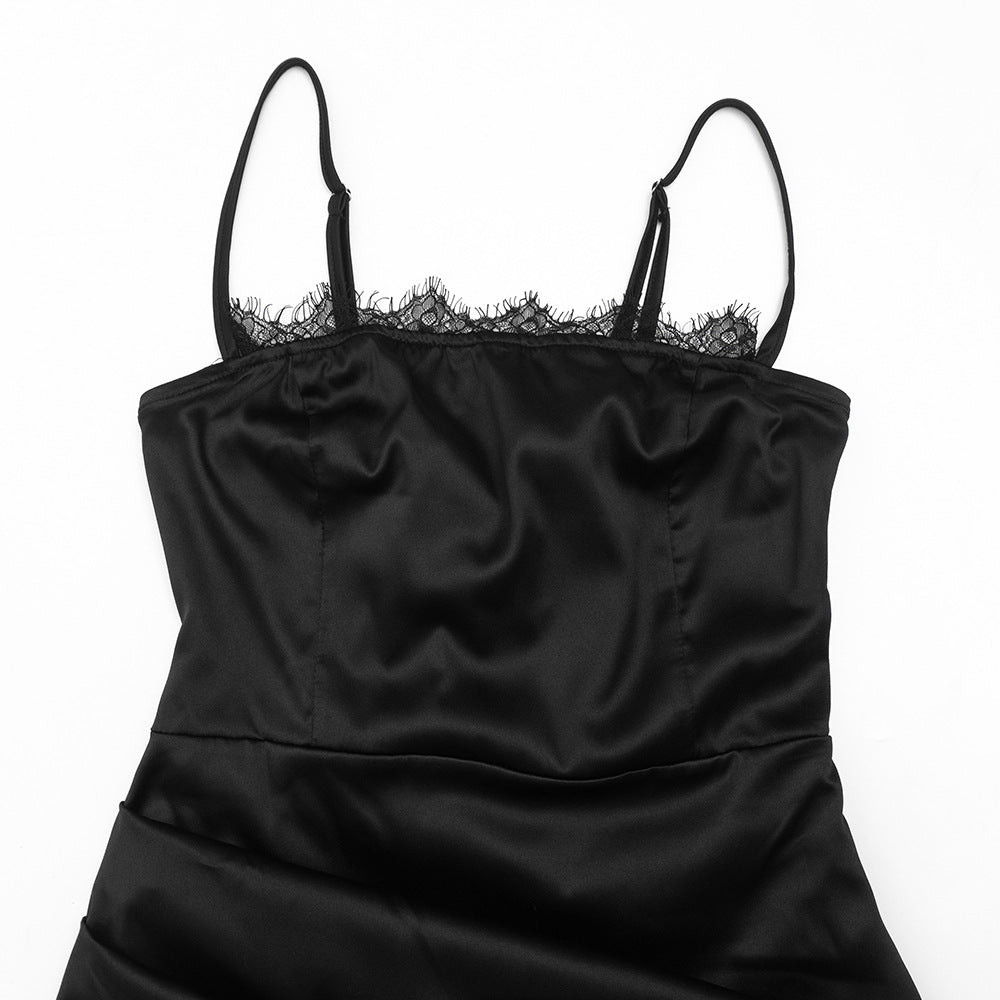 Lace hem pleated zip-up lace up satin midi dress  | Festival Outfits Women