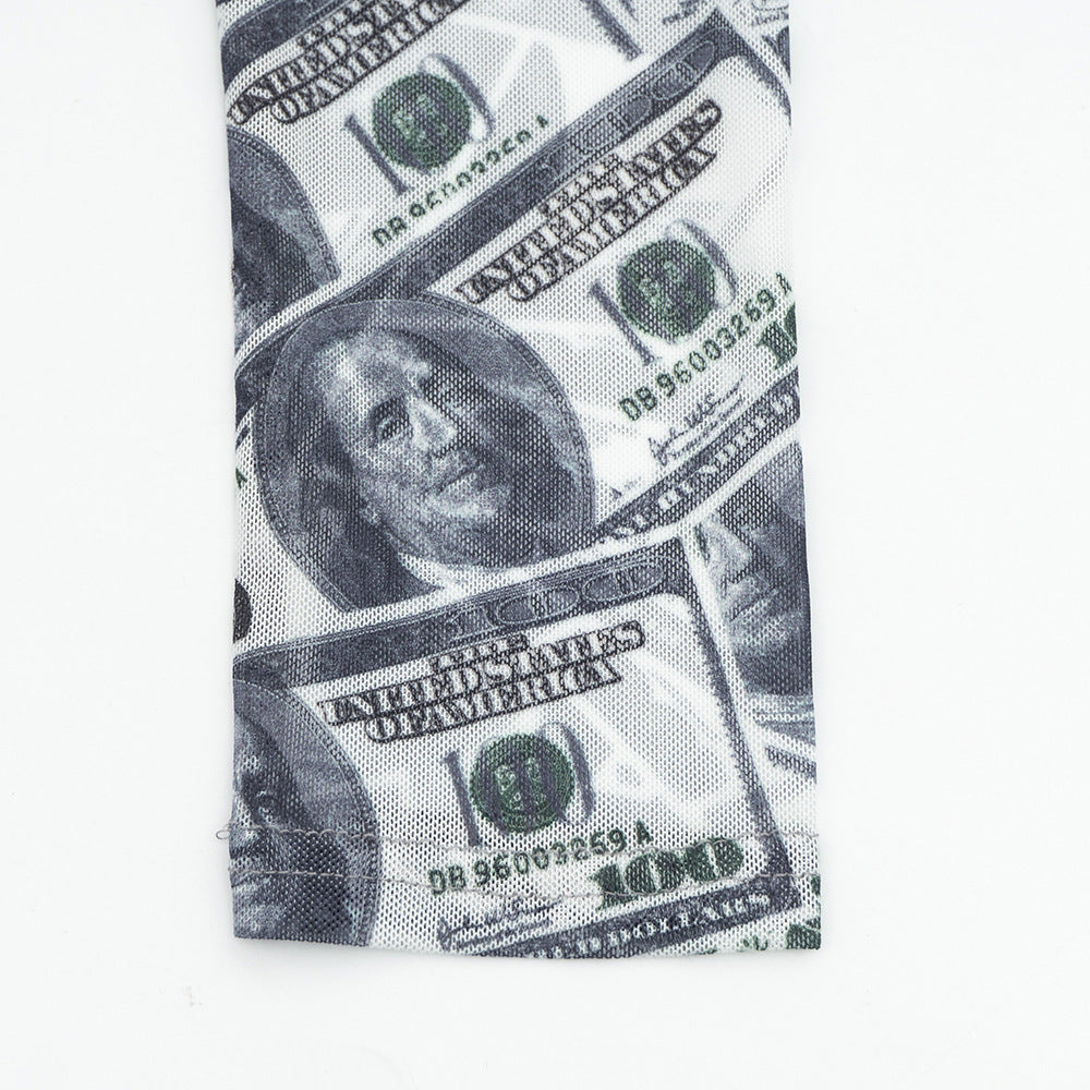 Sheer mesh US dollar print long sleeve bodysuit  | Festival Outfits Women