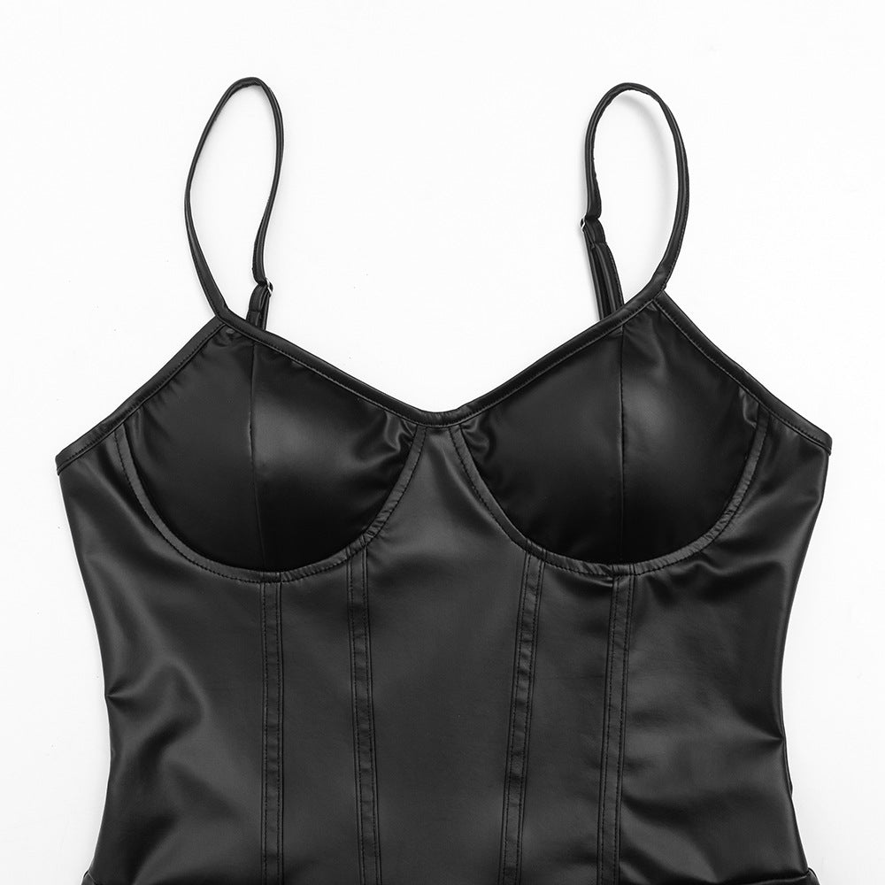 Pleated PU leather v neck backless cami mini dress  | Festival Outfits Women