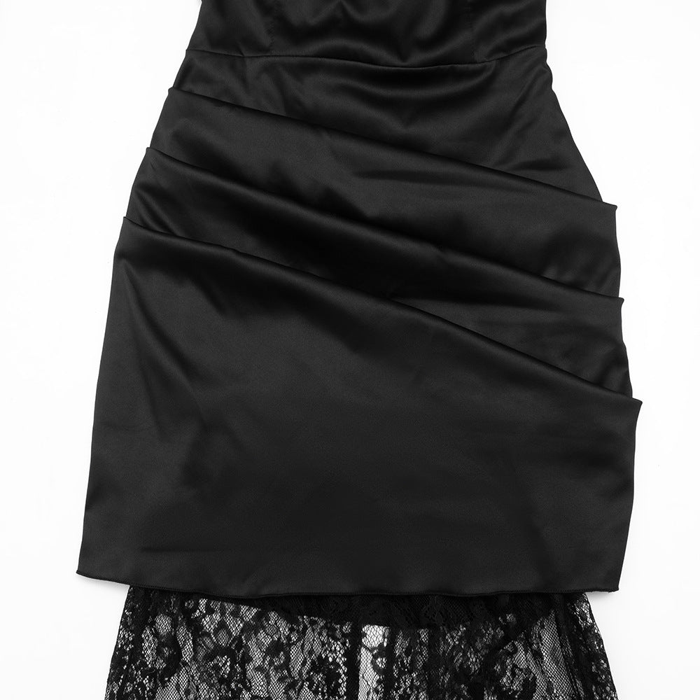 Lace hem pleated zip-up lace up satin midi dress  | Festival Outfits Women