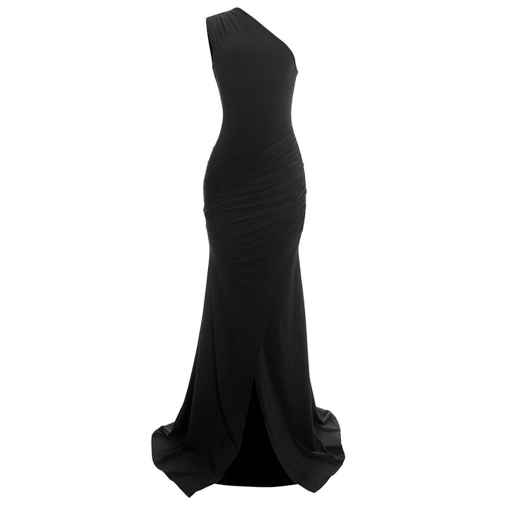 One shoulder ruched slit solid irregular maxi dress  | Festival Outfits Women