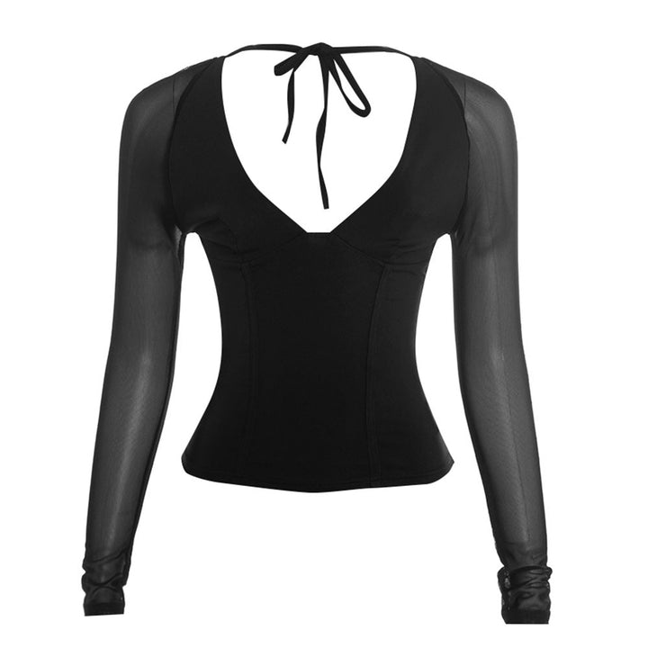 Mesh v neck long sleeve solid self tie top  | Festival Outfits Women