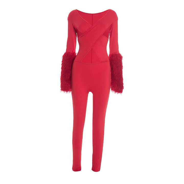 Hollow out long sleeve fluffy v neck jumpsuit  | Festival Outfits Women