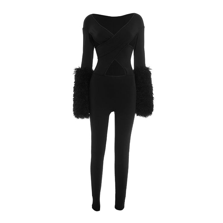 Hollow out long sleeve fluffy v neck jumpsuit  | Festival Outfits Women