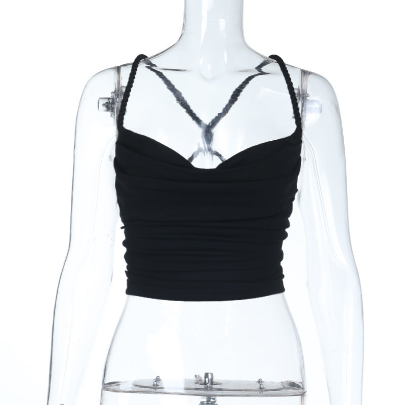 Cross back ruched cowl neck solid cami top  | Festival Outfits Women