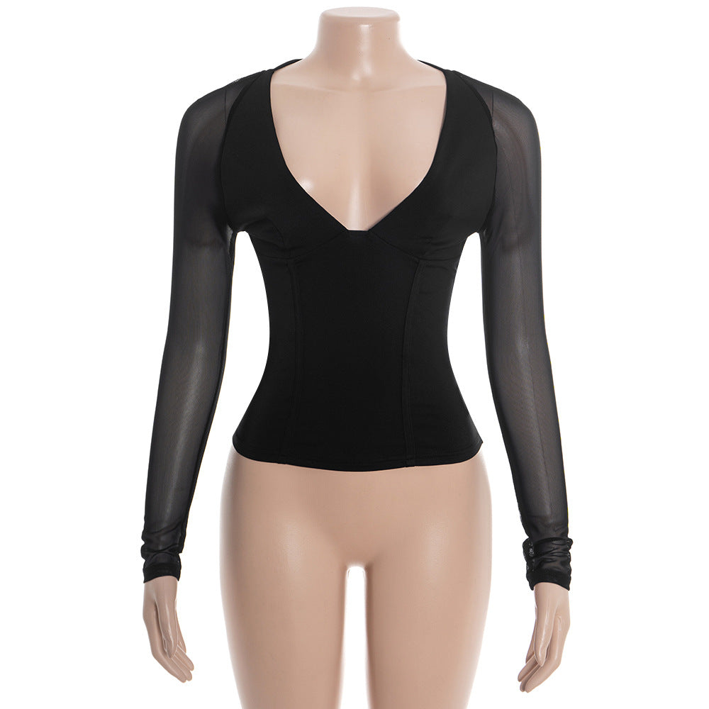 Mesh v neck long sleeve solid self tie top  | Festival Outfits Women