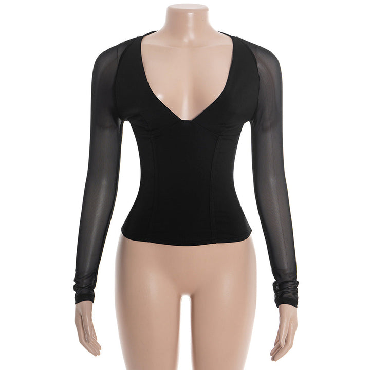 Mesh v neck long sleeve solid self tie top  | Festival Outfits Women