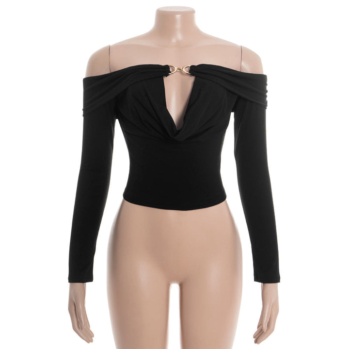 Off shoulder long sleeve hollow out solid top  | Festival Outfits Women