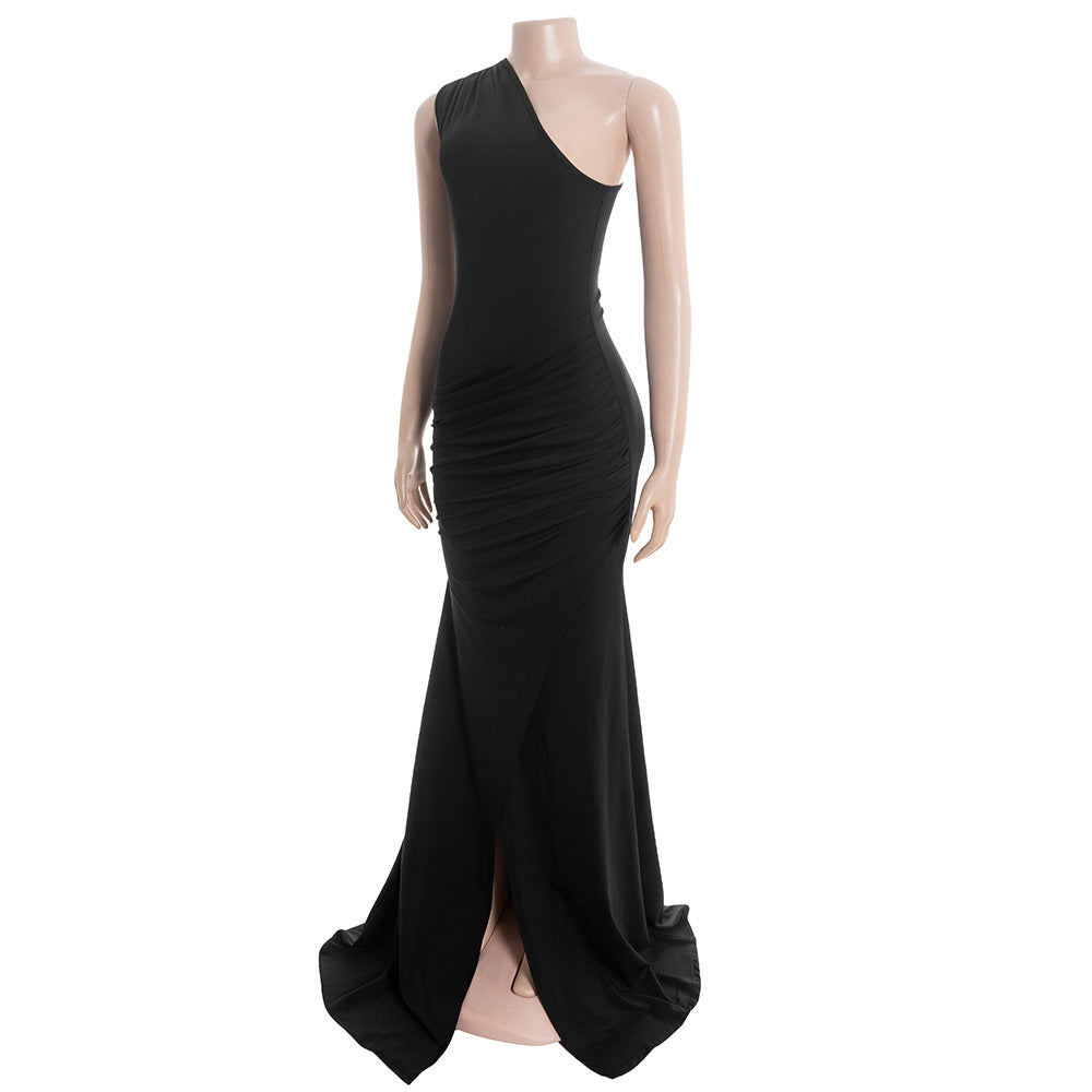 One shoulder ruched slit solid irregular maxi dress  | Festival Outfits Women