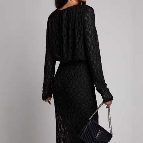 Crewneck long sleeve lace slit solid maxi dress  | Festival Outfits Women