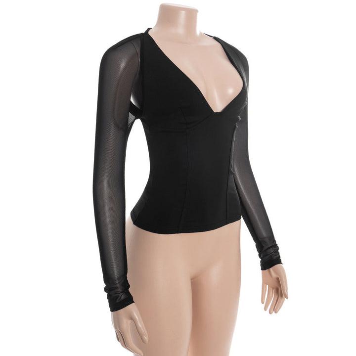Mesh v neck long sleeve solid self tie top  | Festival Outfits Women