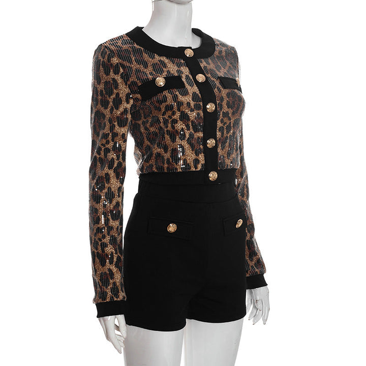 Leopard print glitter crewneck long sleeve pant set  | Festival Outfits Women