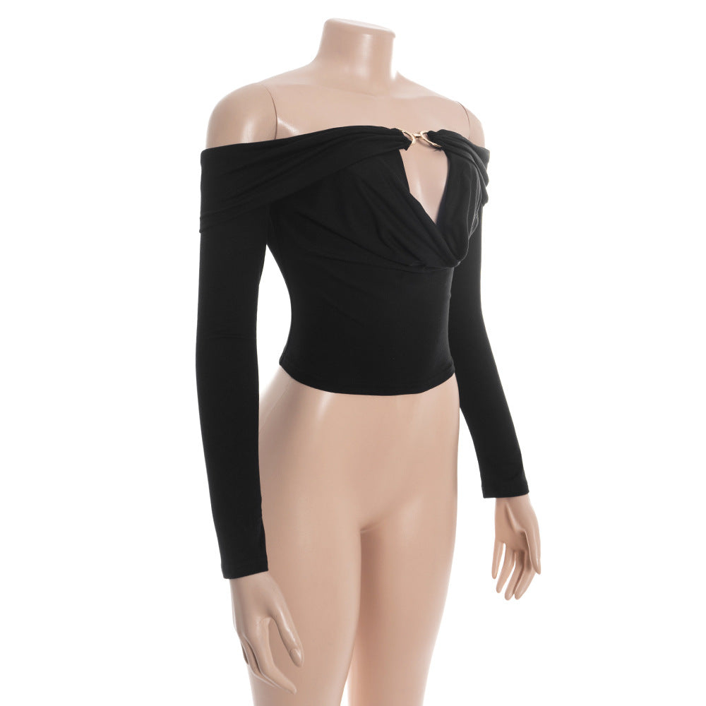 Off shoulder long sleeve hollow out solid top  | Festival Outfits Women