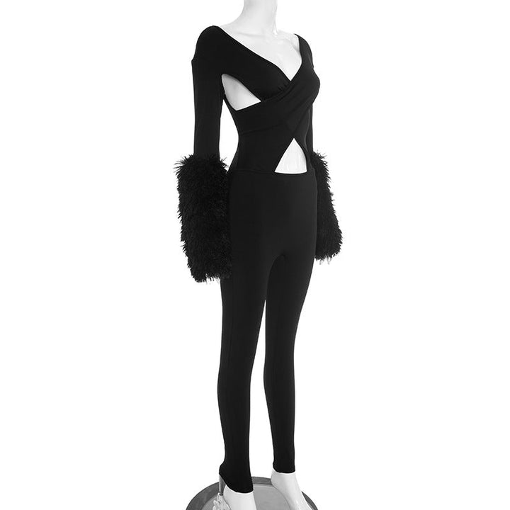 Hollow out long sleeve fluffy v neck jumpsuit  | Festival Outfits Women