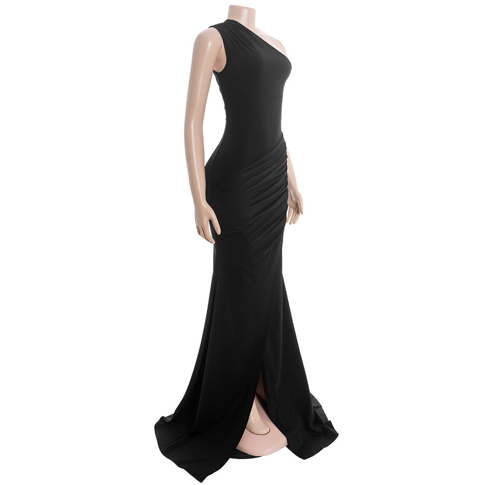 One shoulder ruched slit solid irregular maxi dress  | Festival Outfits Women