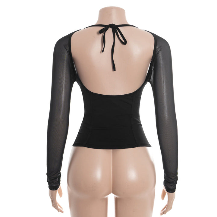 Mesh v neck long sleeve solid self tie top  | Festival Outfits Women
