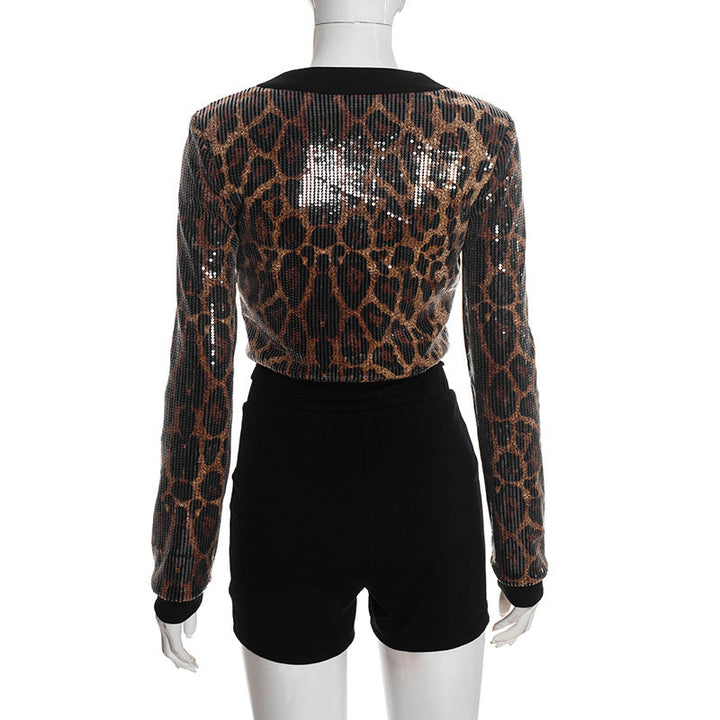Leopard print glitter crewneck long sleeve pant set  | Festival Outfits Women