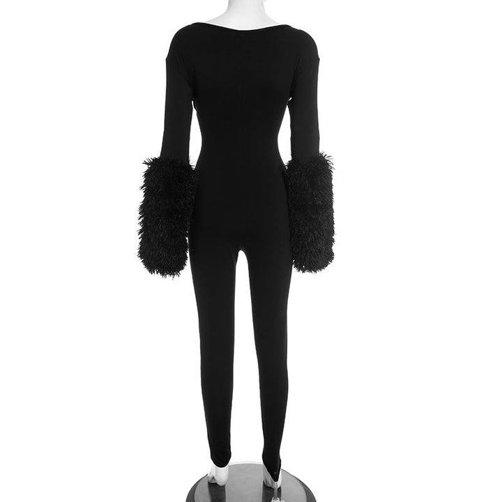 Hollow out long sleeve fluffy v neck jumpsuit  | Festival Outfits Women