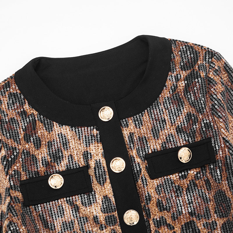 Leopard print glitter crewneck long sleeve pant set  | Festival Outfits Women