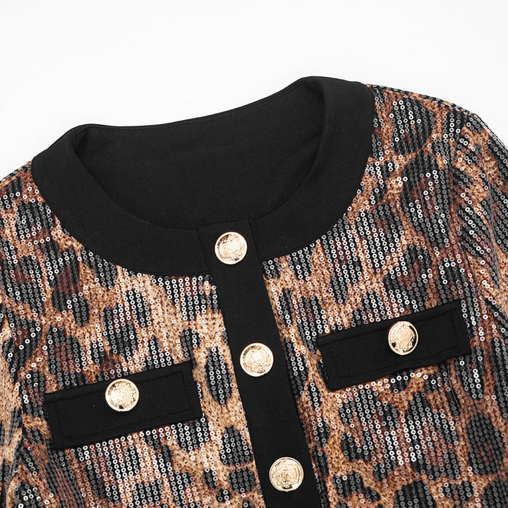 Leopard print glitter crewneck long sleeve pant set  | Festival Outfits Women