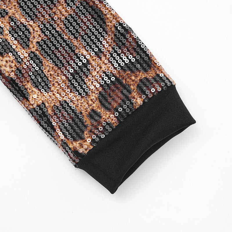 Leopard print glitter crewneck long sleeve pant set  | Festival Outfits Women