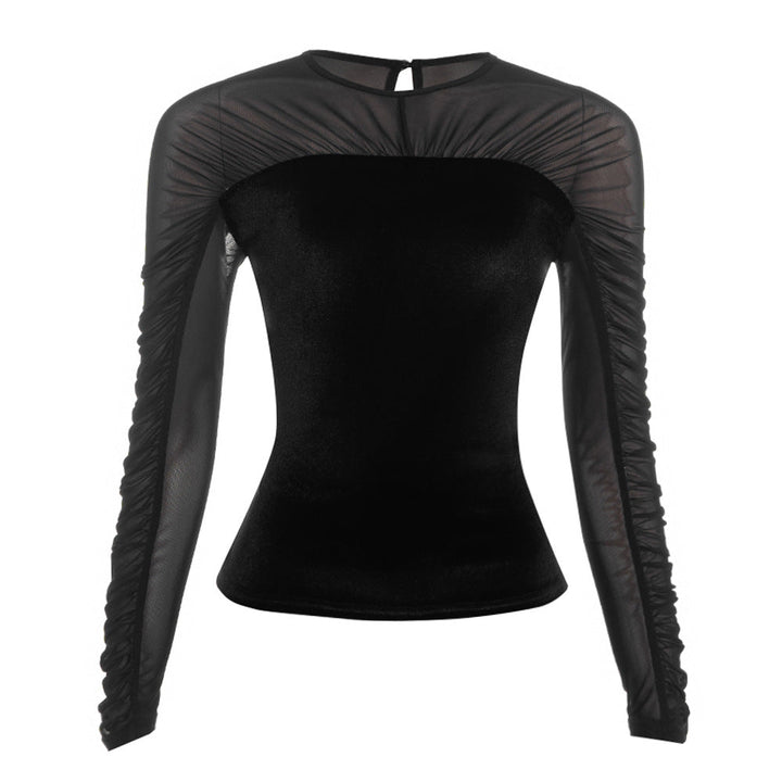 Crewneck button long sleeve ruched mesh top  | Festival Outfits Women