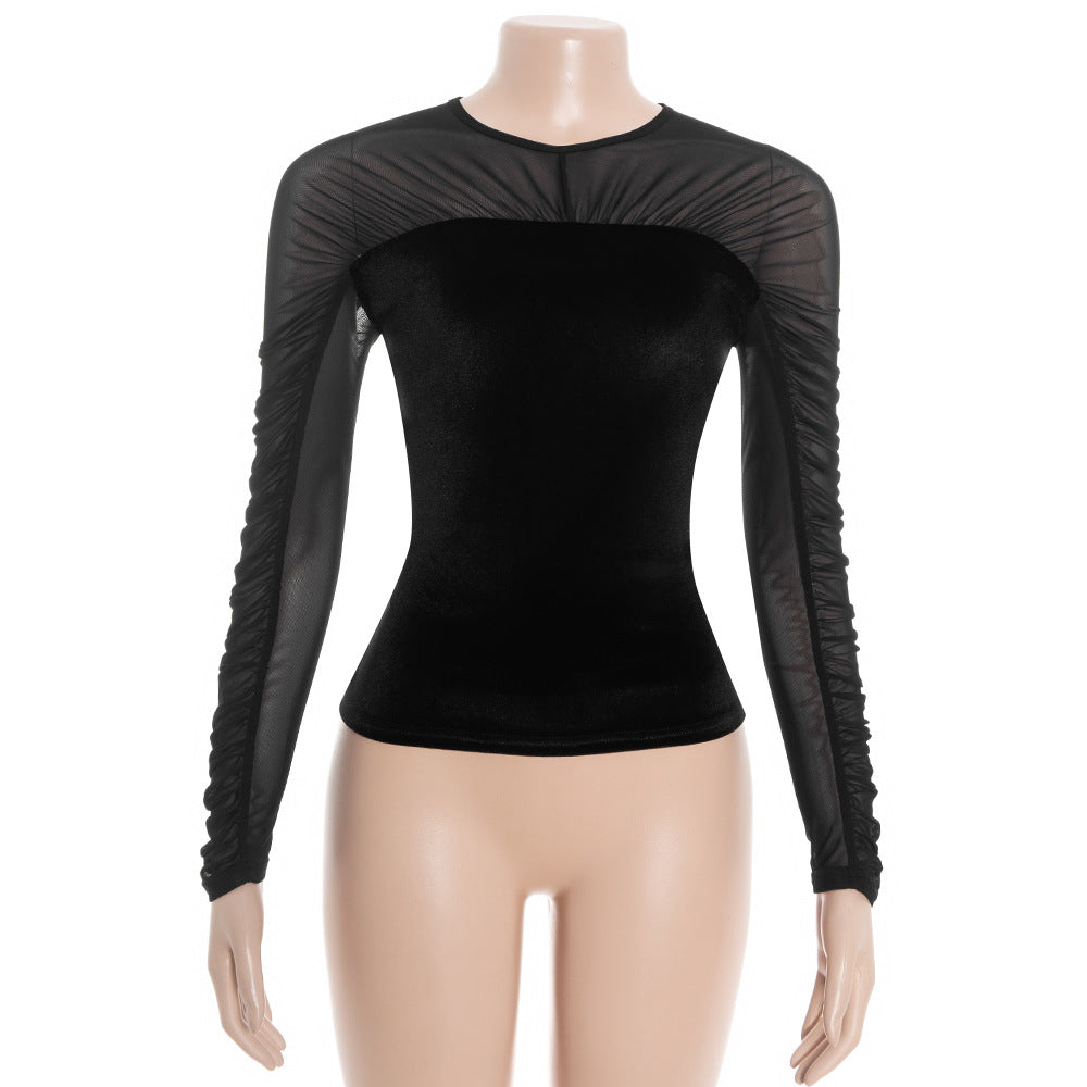 Crewneck button long sleeve ruched mesh top  | Festival Outfits Women