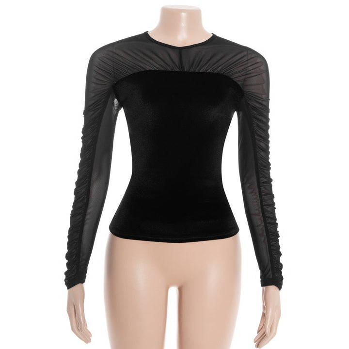 Crewneck button long sleeve ruched mesh top  | Festival Outfits Women