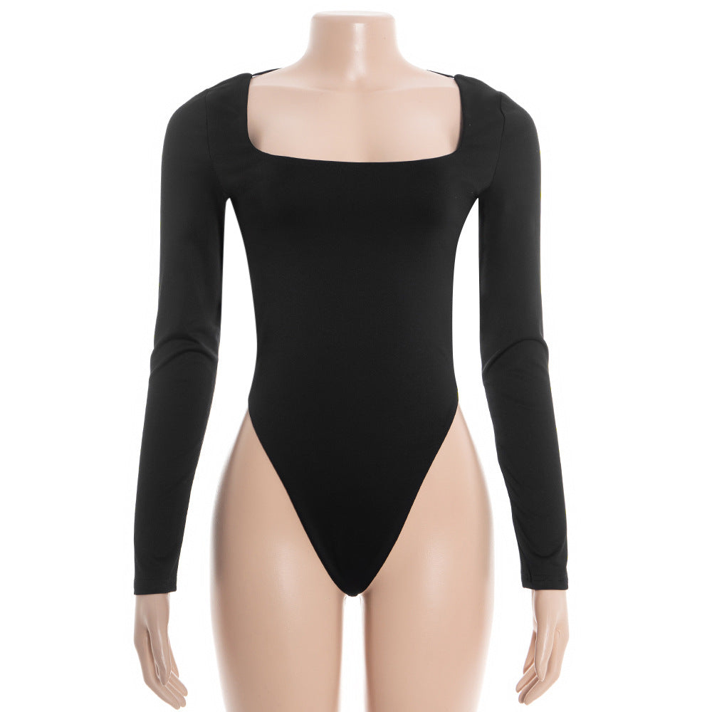 Long sleeve square neck cross back solid bodysuit  | Festival Outfits Women
