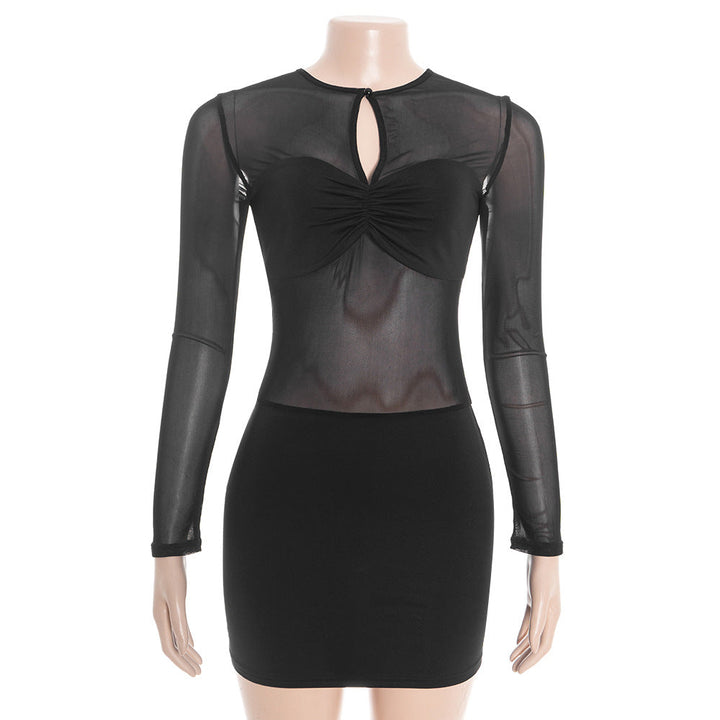 Long sleeve crewneck hollow out ruched mesh mini dress  | Festival Outfits Women