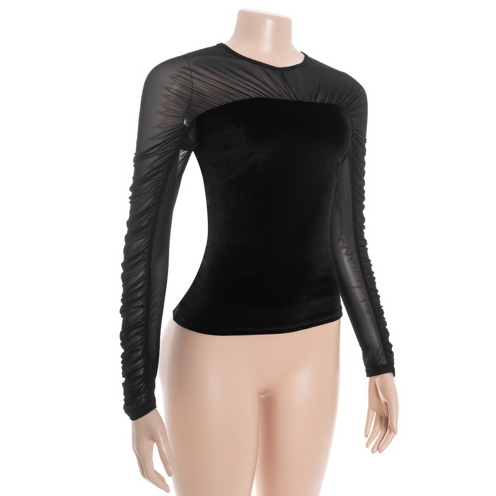 Crewneck button long sleeve ruched mesh top  | Festival Outfits Women