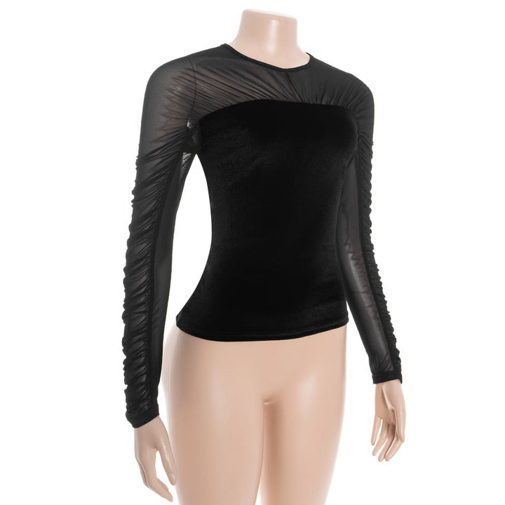 Crewneck button long sleeve ruched mesh top  | Festival Outfits Women