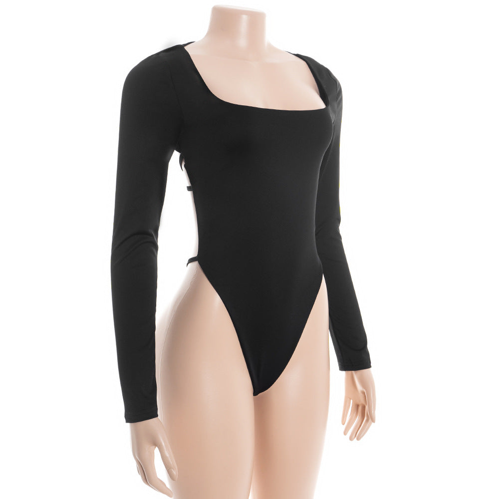 Long sleeve square neck cross back solid bodysuit  | Festival Outfits Women