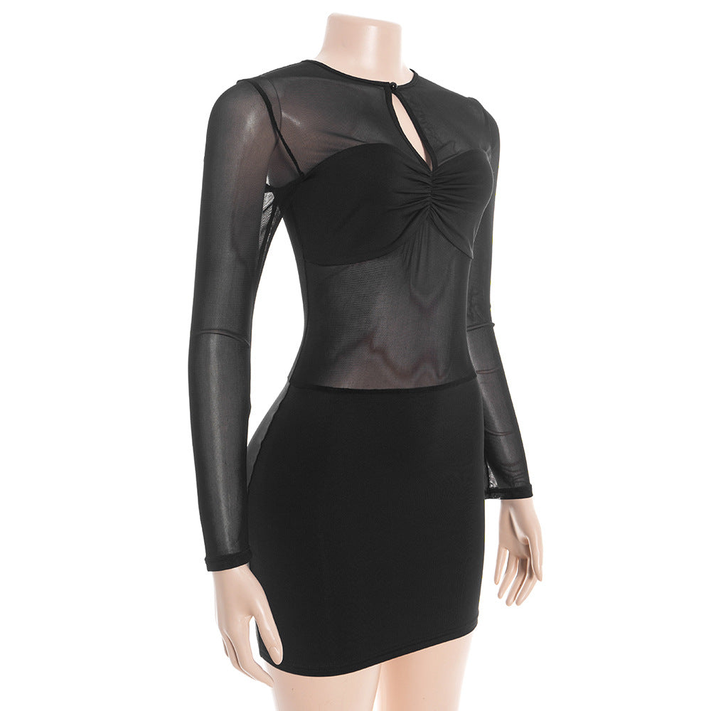 Long sleeve crewneck hollow out ruched mesh mini dress  | Festival Outfits Women
