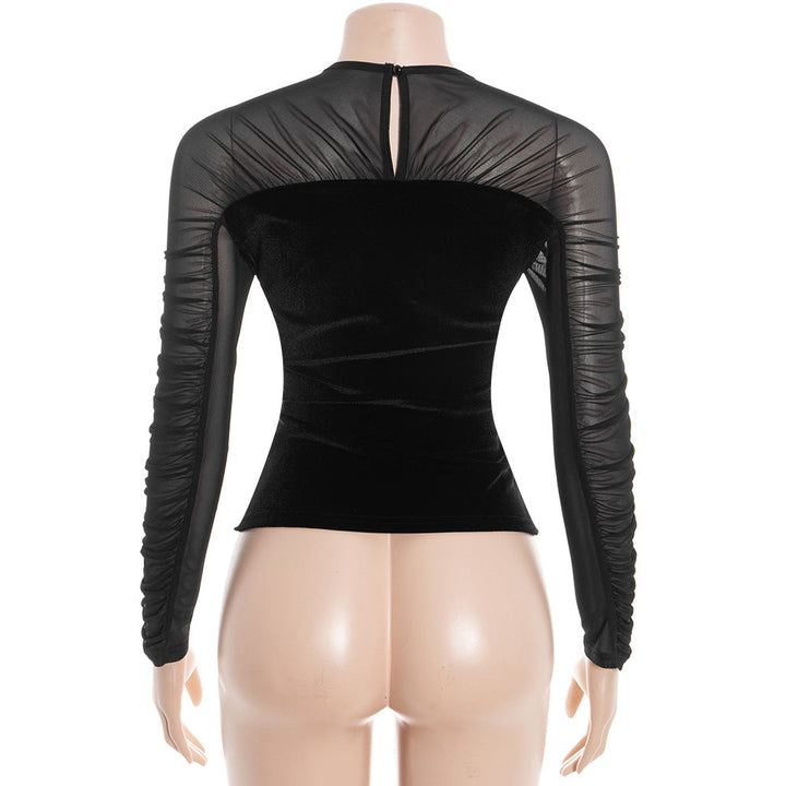 Crewneck button long sleeve ruched mesh top  | Festival Outfits Women