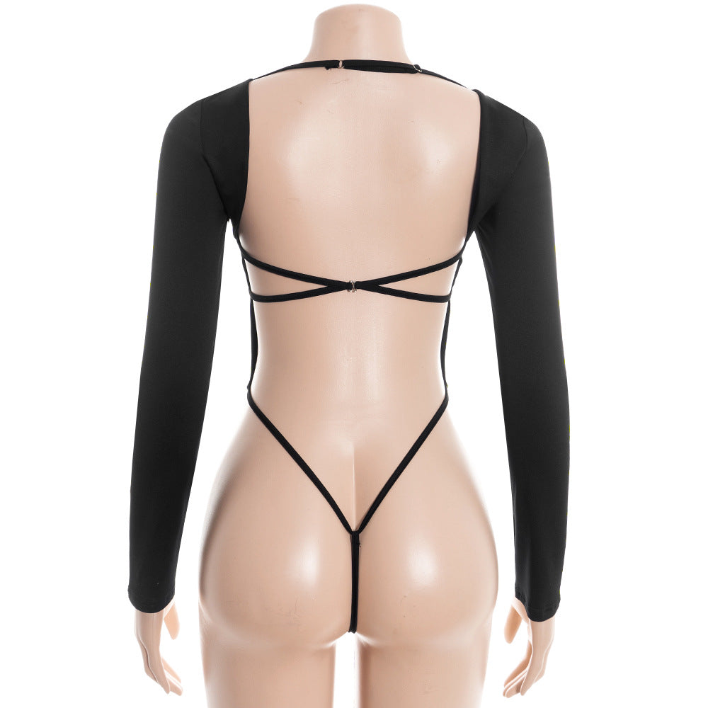Long sleeve square neck cross back solid bodysuit  | Festival Outfits Women